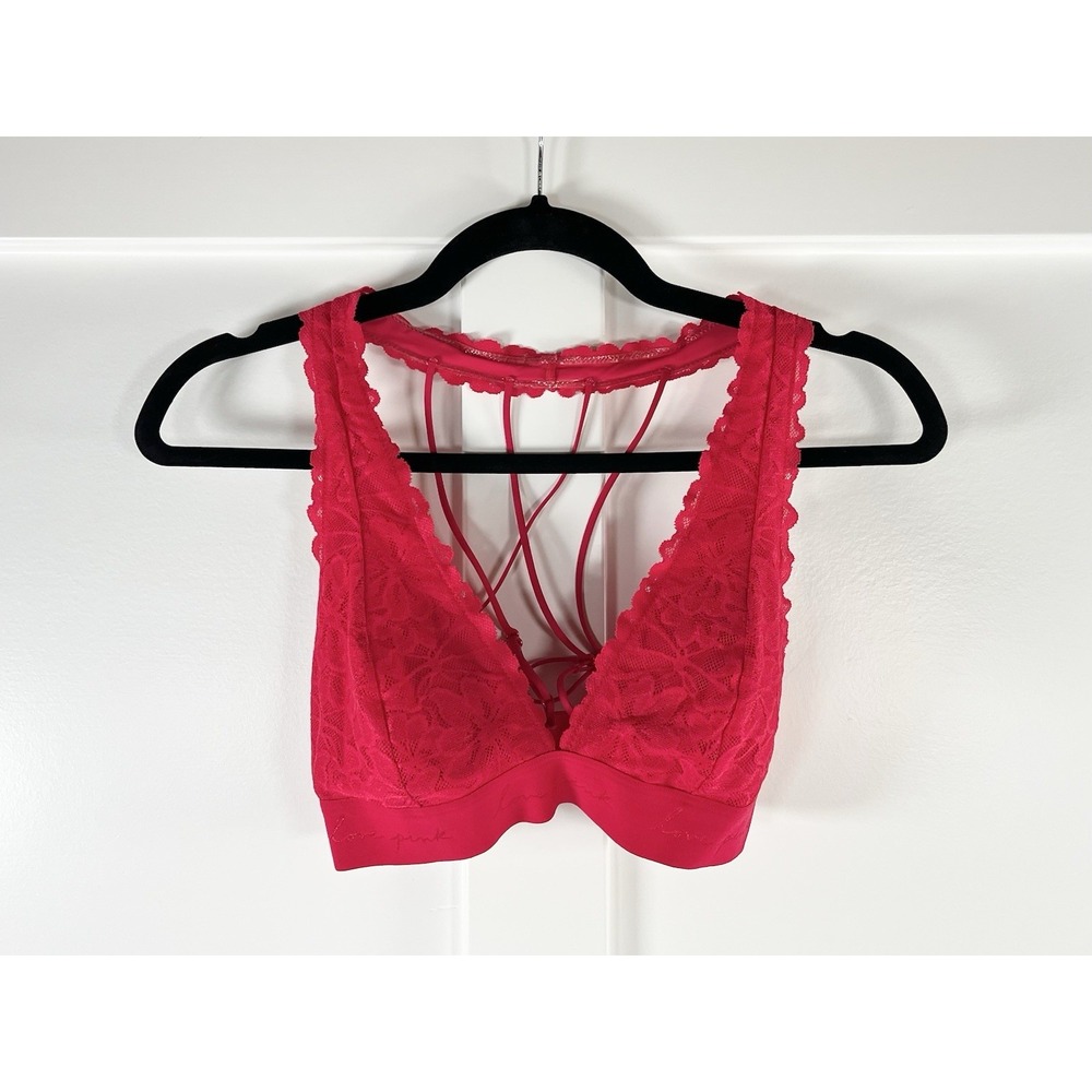 Victoria's Secret PINK Red Lace Bralette Strappy Crisscross Back Pullover Bra M